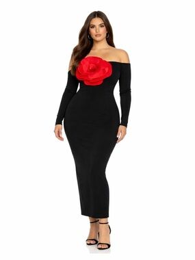 Elegant Black Dress with a huge red rose Floral Accent size large